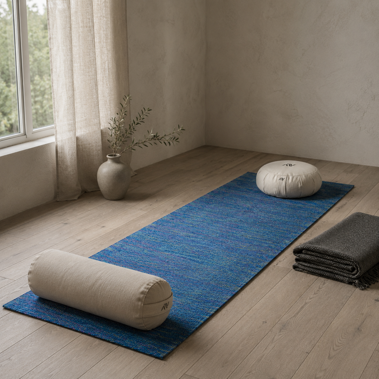 A bolster, blanket and cushion staged on a mat by a curtained window.