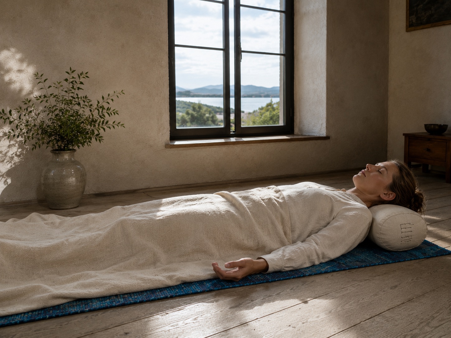 Blanket spread over a practitioner in savasana, soft light