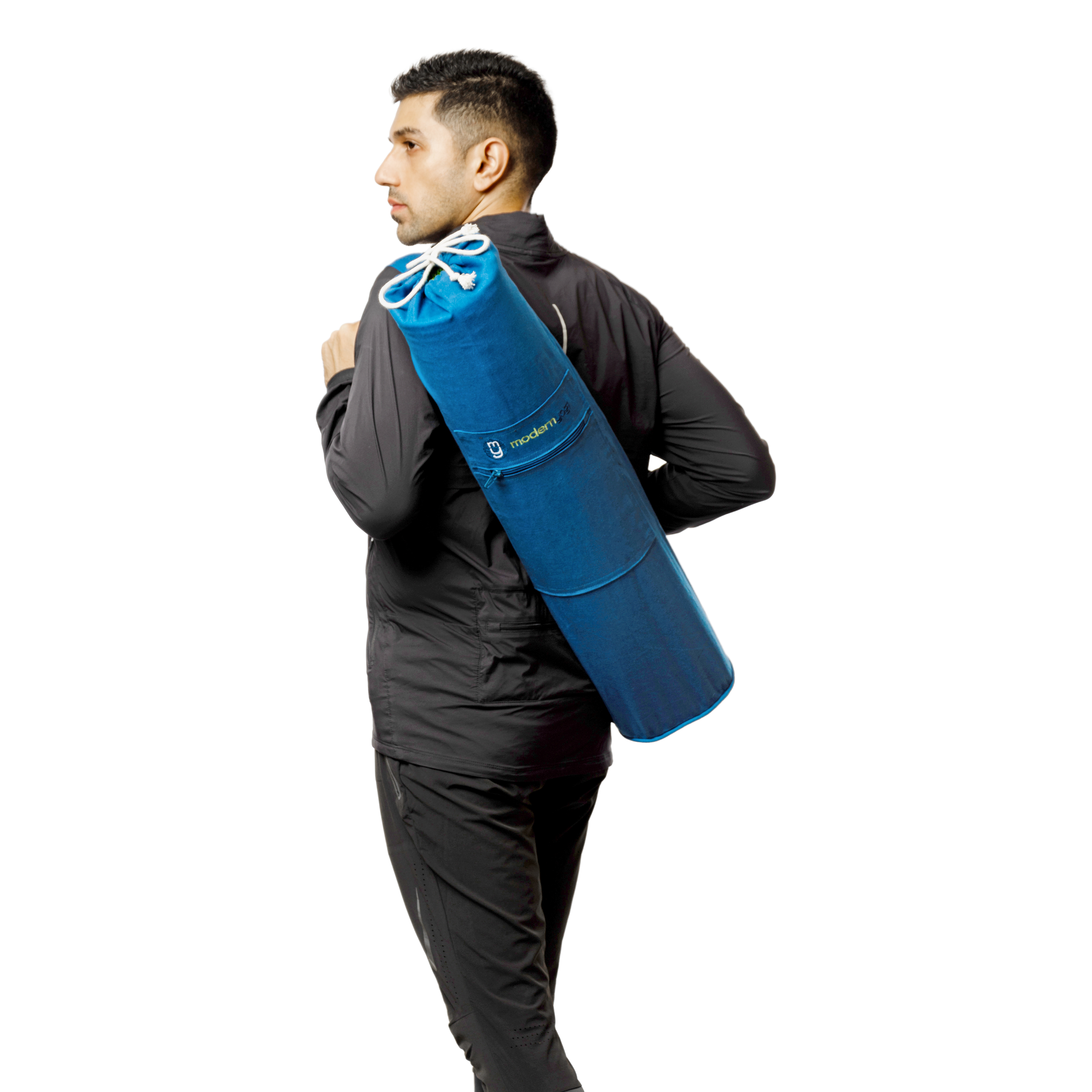 Mat bag carried over the shoulder, drawstring at the top